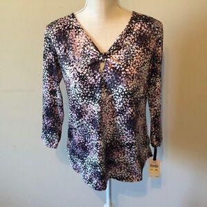 Emaline pullover in mauve, grape, gray print. PM